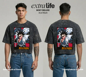 Playera streetwear premium de anime y gaming ExtraLife MX, corte boxy deluxe mineral wash heavyweight en color Acid Wash, moda urbana mexicana de culto.