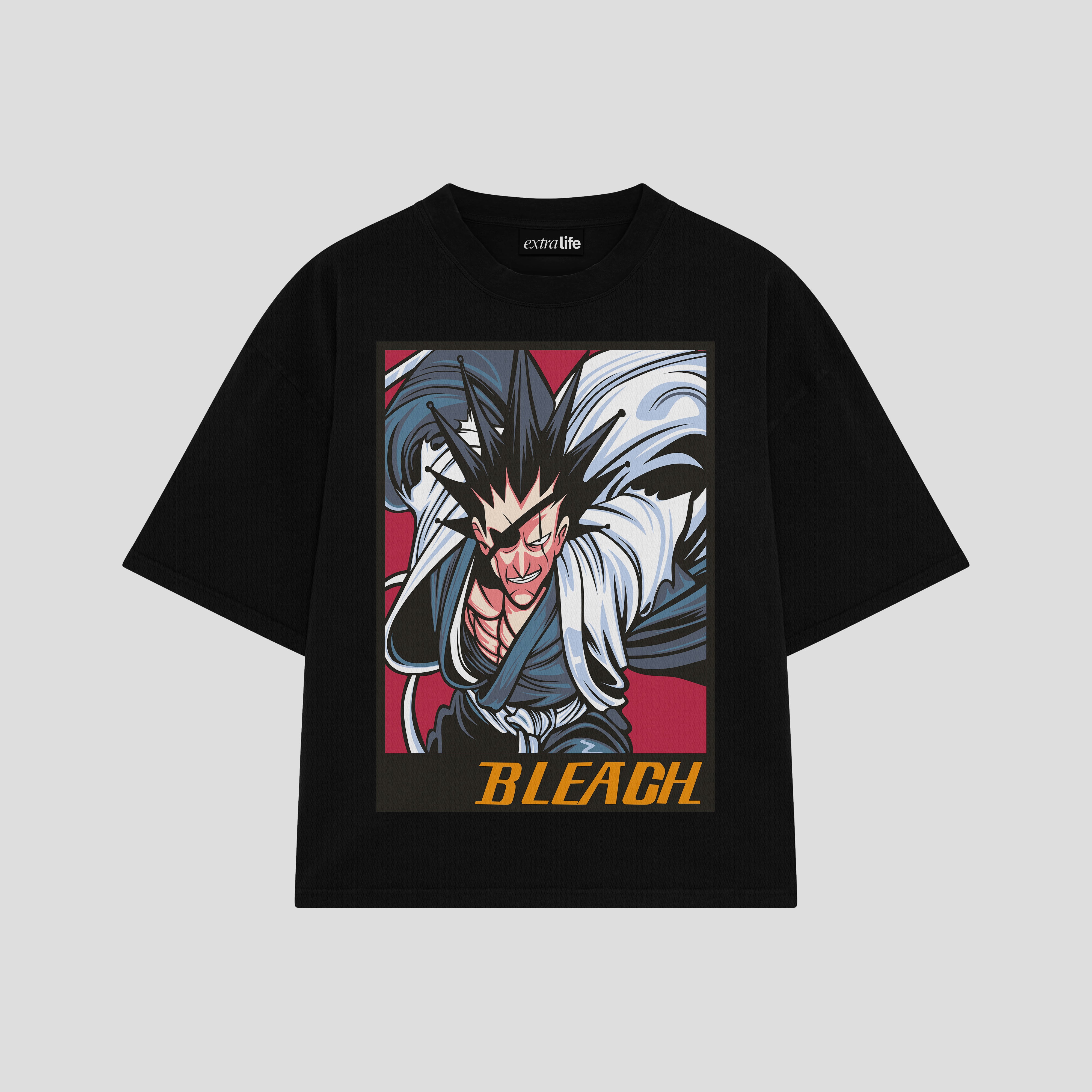 Playera streetwear premium de anime y gaming ExtraLife MX, corte boxy oversized drop shoulder heavyweight en color Deep Black y Off-White, moda urbana mexicana de culto.
