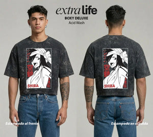 Playera streetwear premium de anime y gaming ExtraLife MX, corte boxy deluxe mineral wash heavyweight en color Acid Wash, moda urbana mexicana de culto.