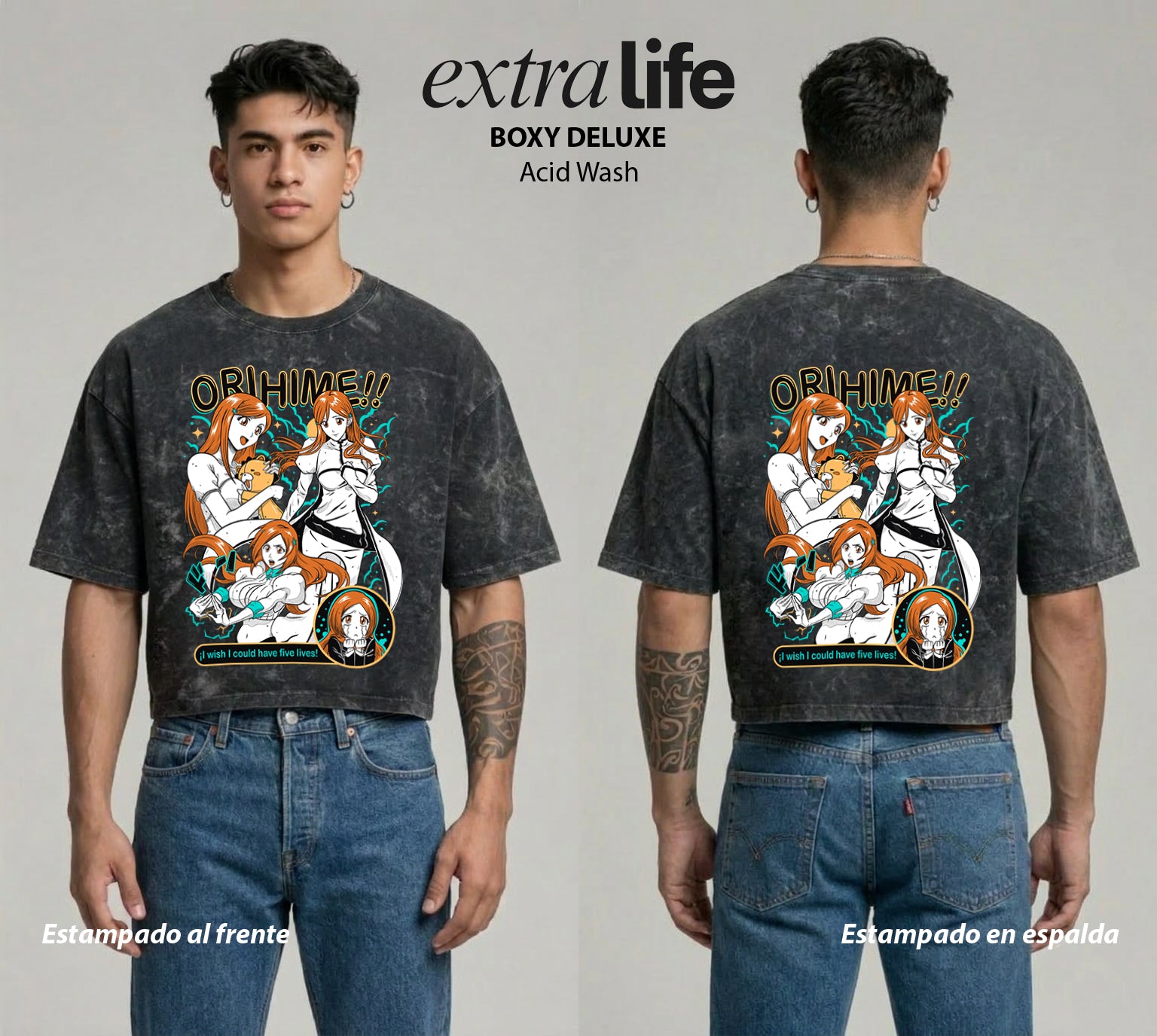 Playera streetwear premium de anime y gaming ExtraLife MX, corte boxy deluxe mineral wash heavyweight en color Acid Wash, moda urbana mexicana de culto.