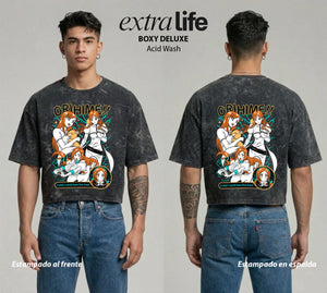 Playera streetwear premium de anime y gaming ExtraLife MX, corte boxy deluxe mineral wash heavyweight en color Acid Wash, moda urbana mexicana de culto.