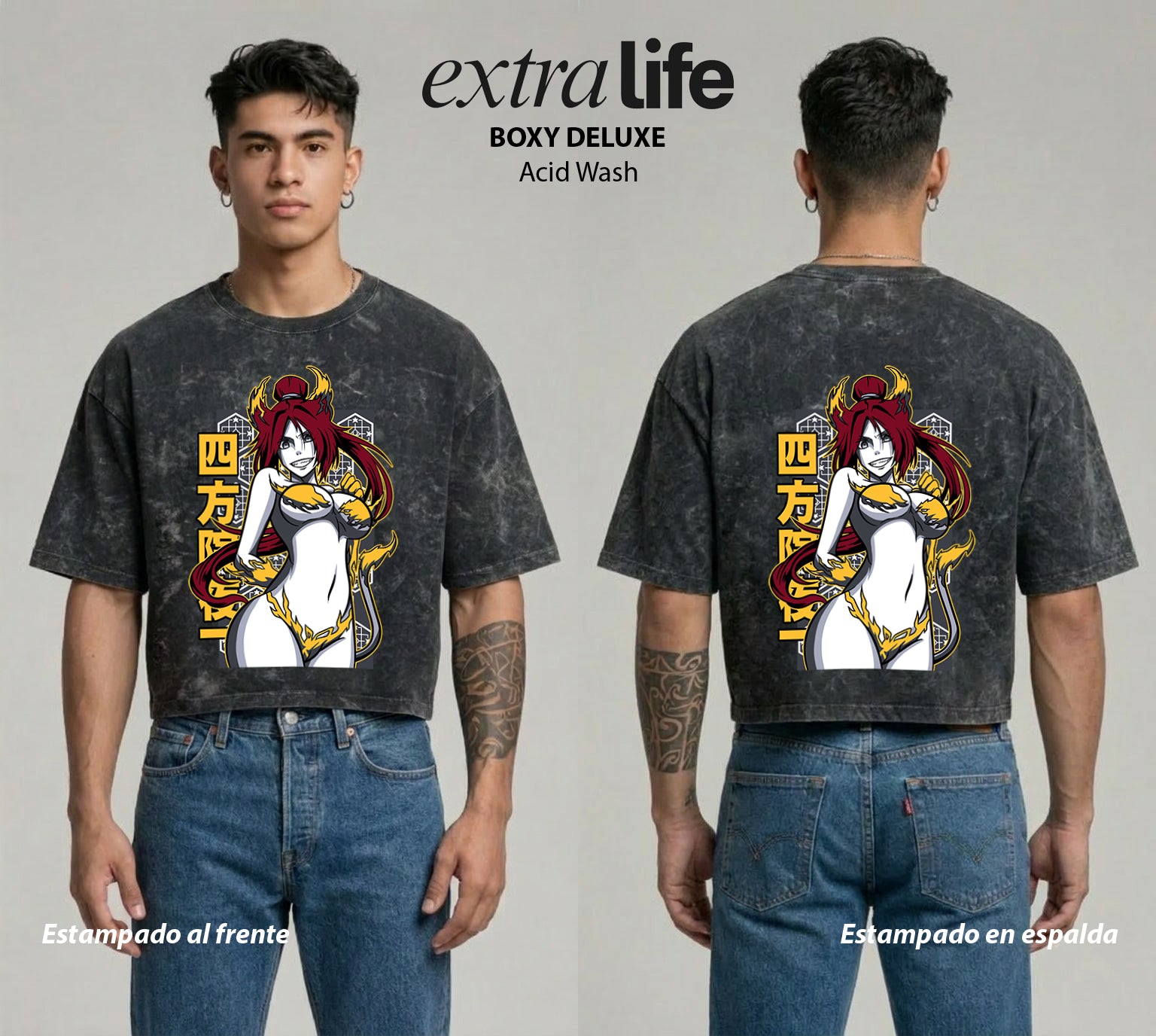 Playera streetwear premium de anime y gaming ExtraLife MX, corte boxy deluxe mineral wash heavyweight en color Acid Wash, moda urbana mexicana de culto.