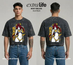 Playera streetwear premium de anime y gaming ExtraLife MX, corte boxy deluxe mineral wash heavyweight en color Acid Wash, moda urbana mexicana de culto.