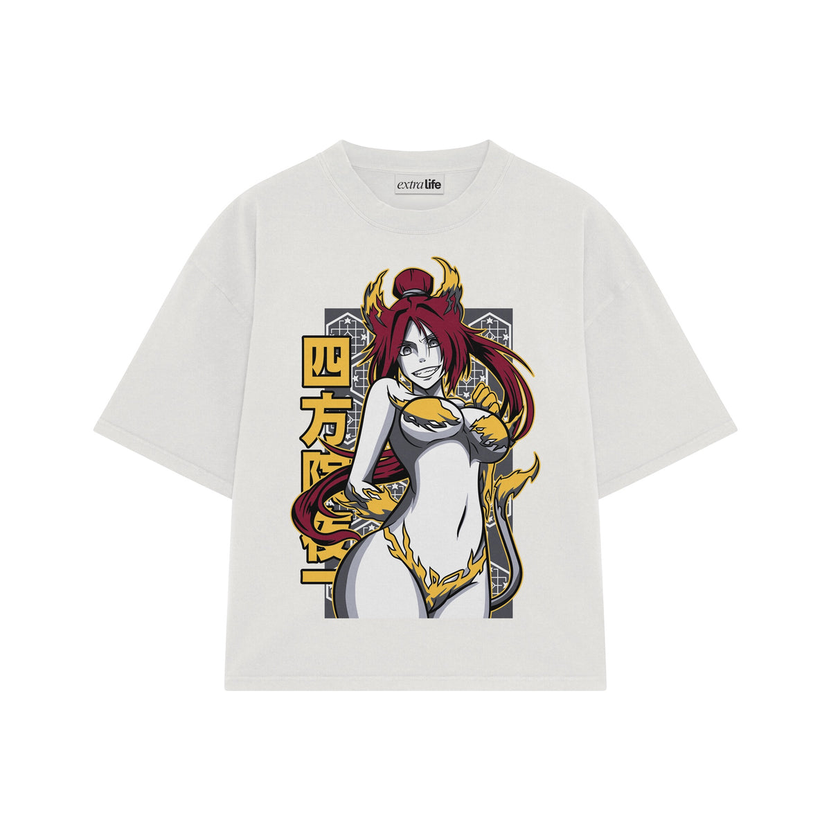 Playera streetwear premium de anime y gaming ExtraLife MX, corte oversized drop shoulder ligero y fresco en color Deep Black y Off-White, moda urbana mexicana de culto.