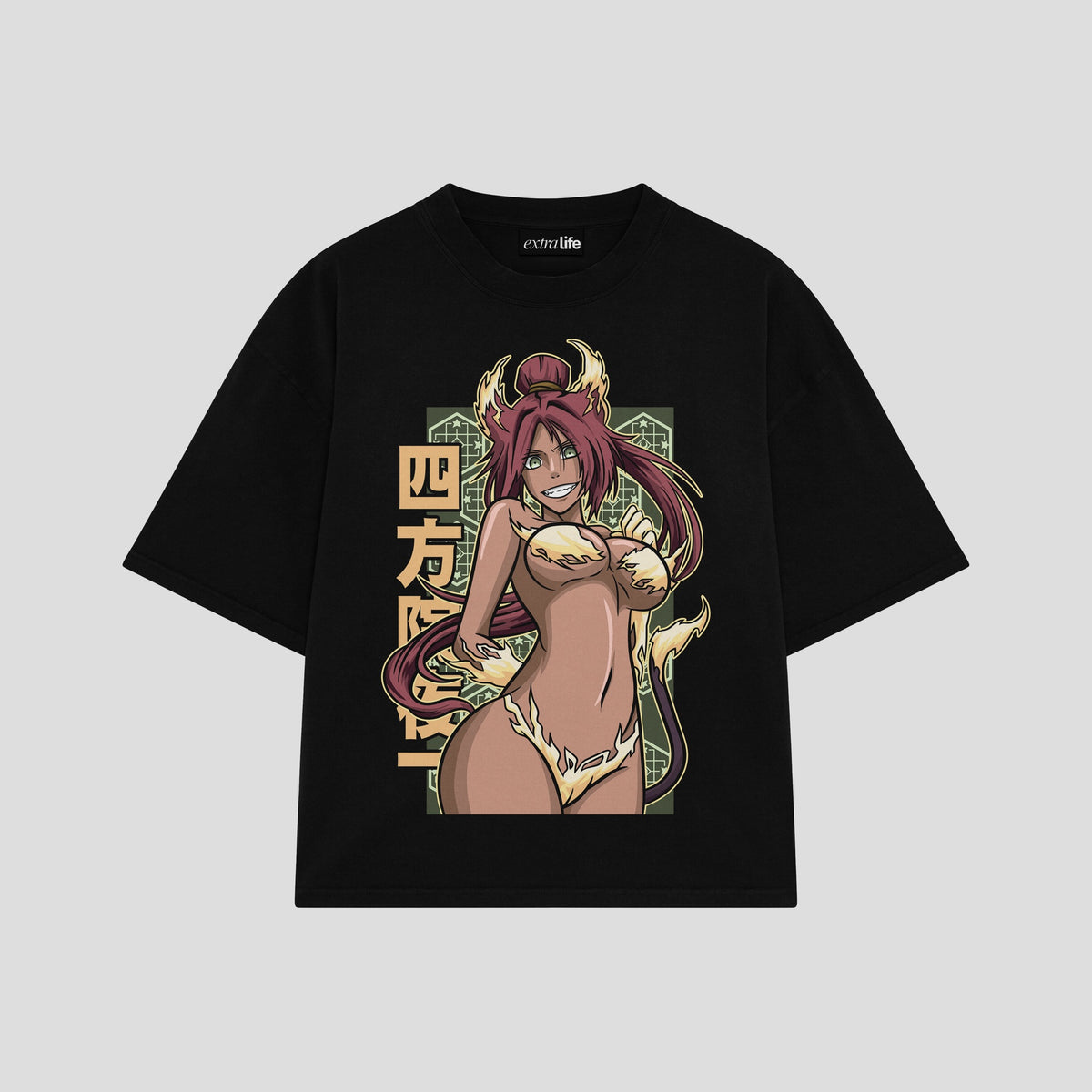 Playera streetwear premium de anime y gaming ExtraLife MX, corte oversized drop shoulder ligero y fresco en color Deep Black y Off-White, moda urbana mexicana de culto.