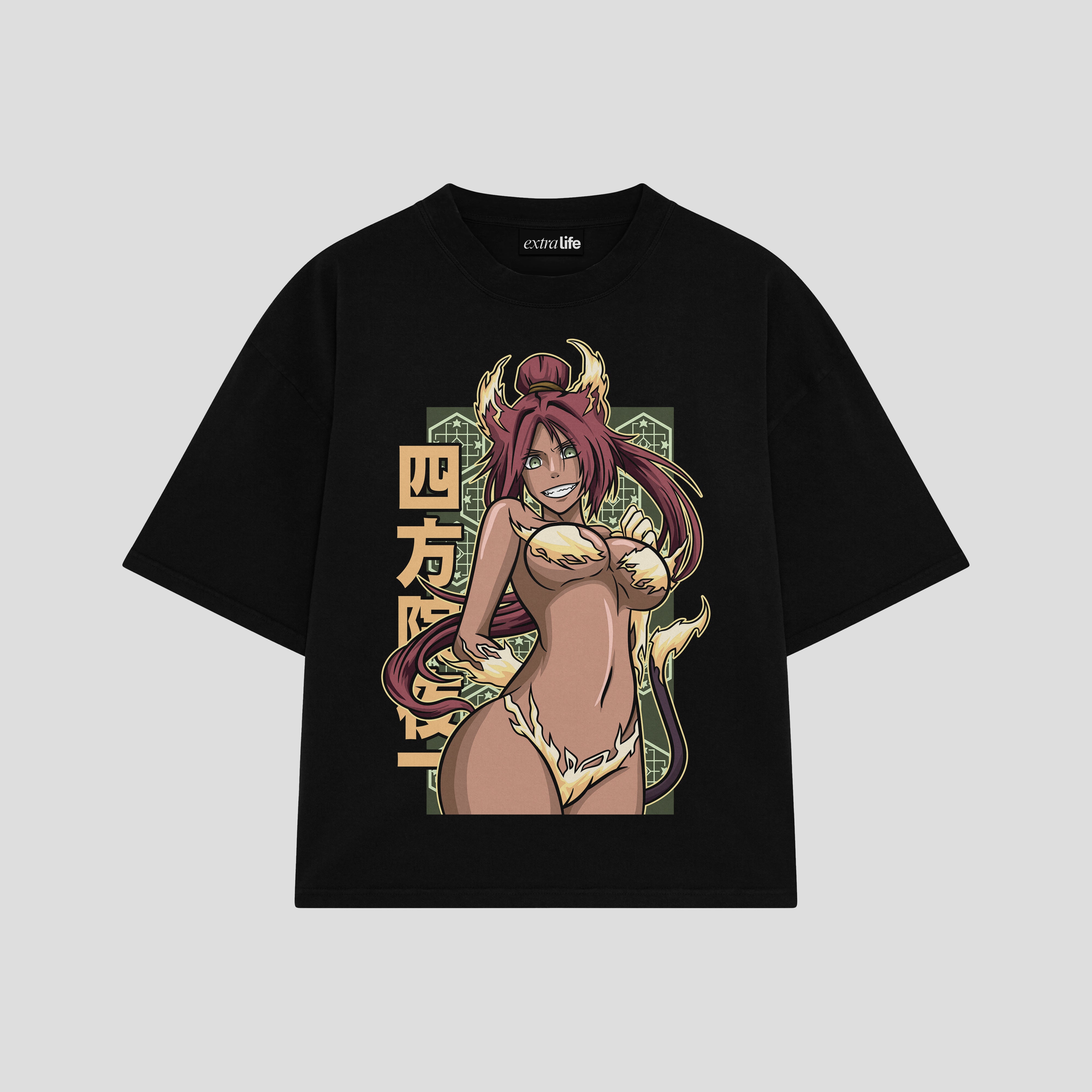Playera streetwear premium de anime y gaming ExtraLife MX, corte boxy oversized drop shoulder heavyweight en color Deep Black y Off-White, moda urbana mexicana de culto.