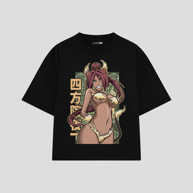 Playera streetwear premium de anime y gaming ExtraLife MX, corte boxy oversized drop shoulder heavyweight en color Deep Black y Off-White, moda urbana mexicana de culto.