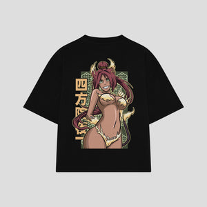 Playera streetwear premium de anime y gaming ExtraLife MX, corte boxy oversized drop shoulder heavyweight en color Deep Black y Off-White, moda urbana mexicana de culto.