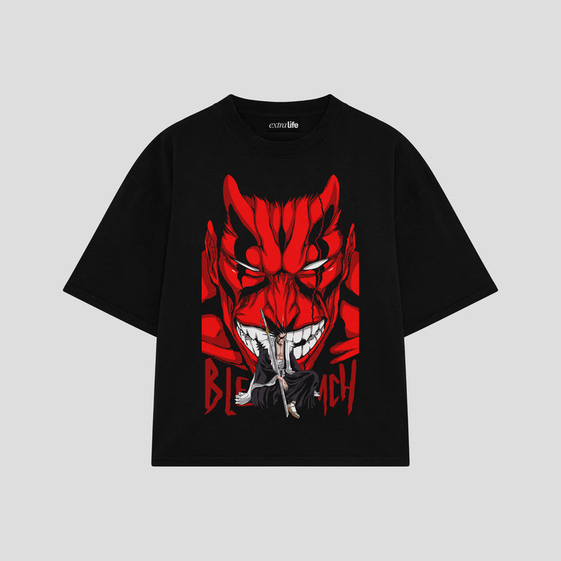 Playera streetwear premium de anime y gaming ExtraLife MX, corte boxy oversized drop shoulder heavyweight en color Deep Black y Off-White, moda urbana mexicana de culto.