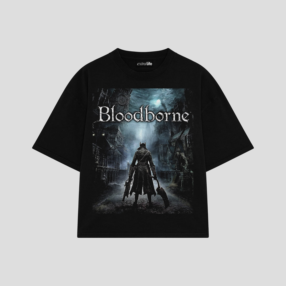 Playera streetwear premium de anime y gaming ExtraLife MX, corte oversized drop shoulder ligero y fresco en color Deep Black y Off-White, moda urbana mexicana de culto.