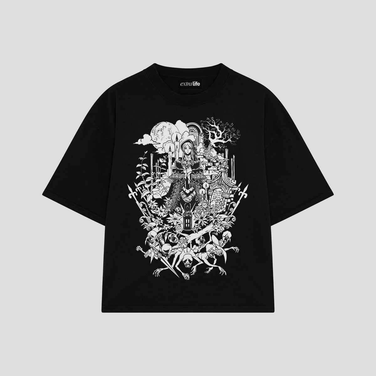 Playera streetwear premium de anime y gaming ExtraLife MX, corte oversized drop shoulder ligero y fresco en color Deep Black y Off-White, moda urbana mexicana de culto.