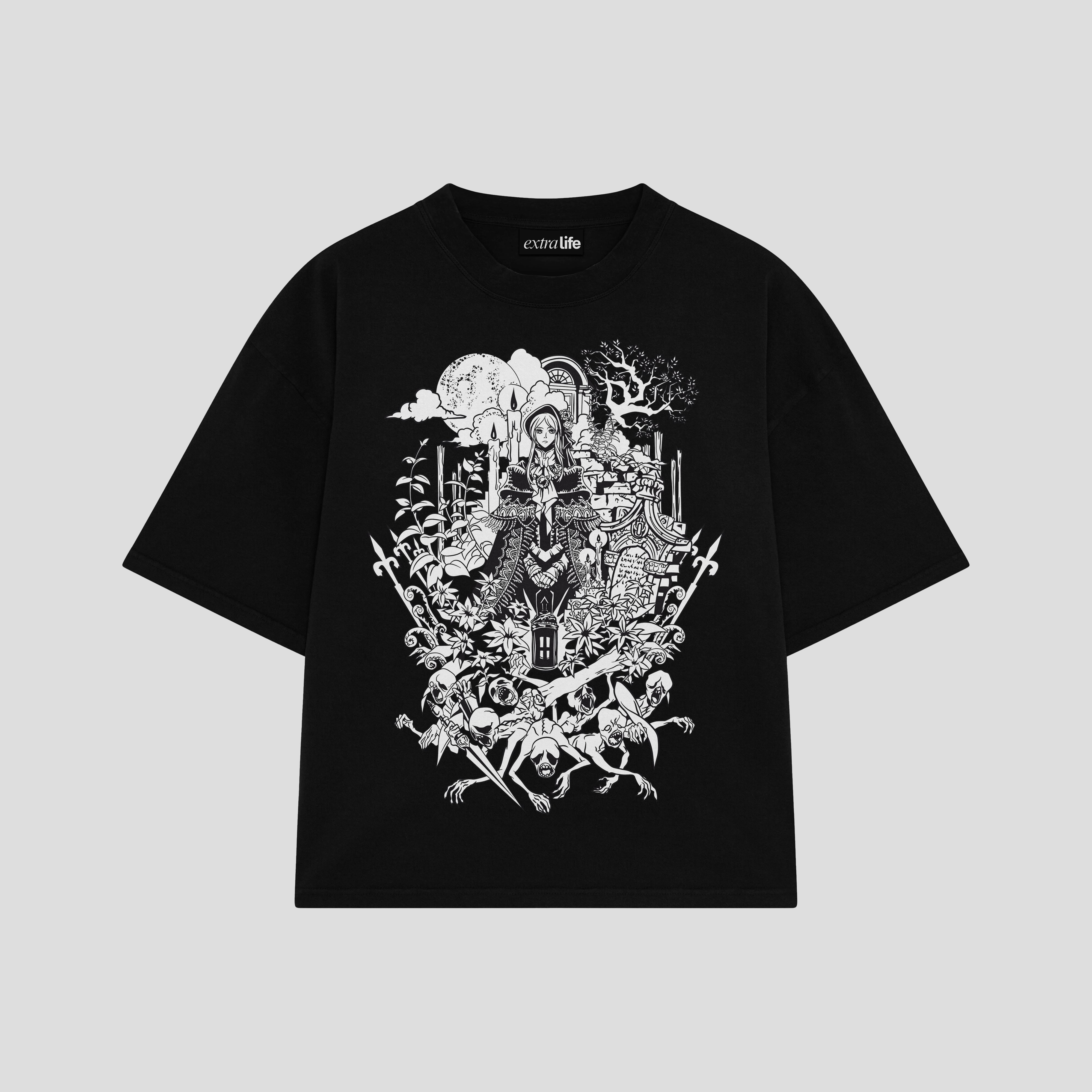 Playera streetwear premium de anime y gaming ExtraLife MX, corte boxy oversized drop shoulder heavyweight en color Deep Black y Off-White, moda urbana mexicana de culto.