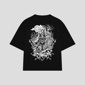 Playera streetwear premium de anime y gaming ExtraLife MX, corte boxy oversized drop shoulder heavyweight en color Deep Black y Off-White, moda urbana mexicana de culto.