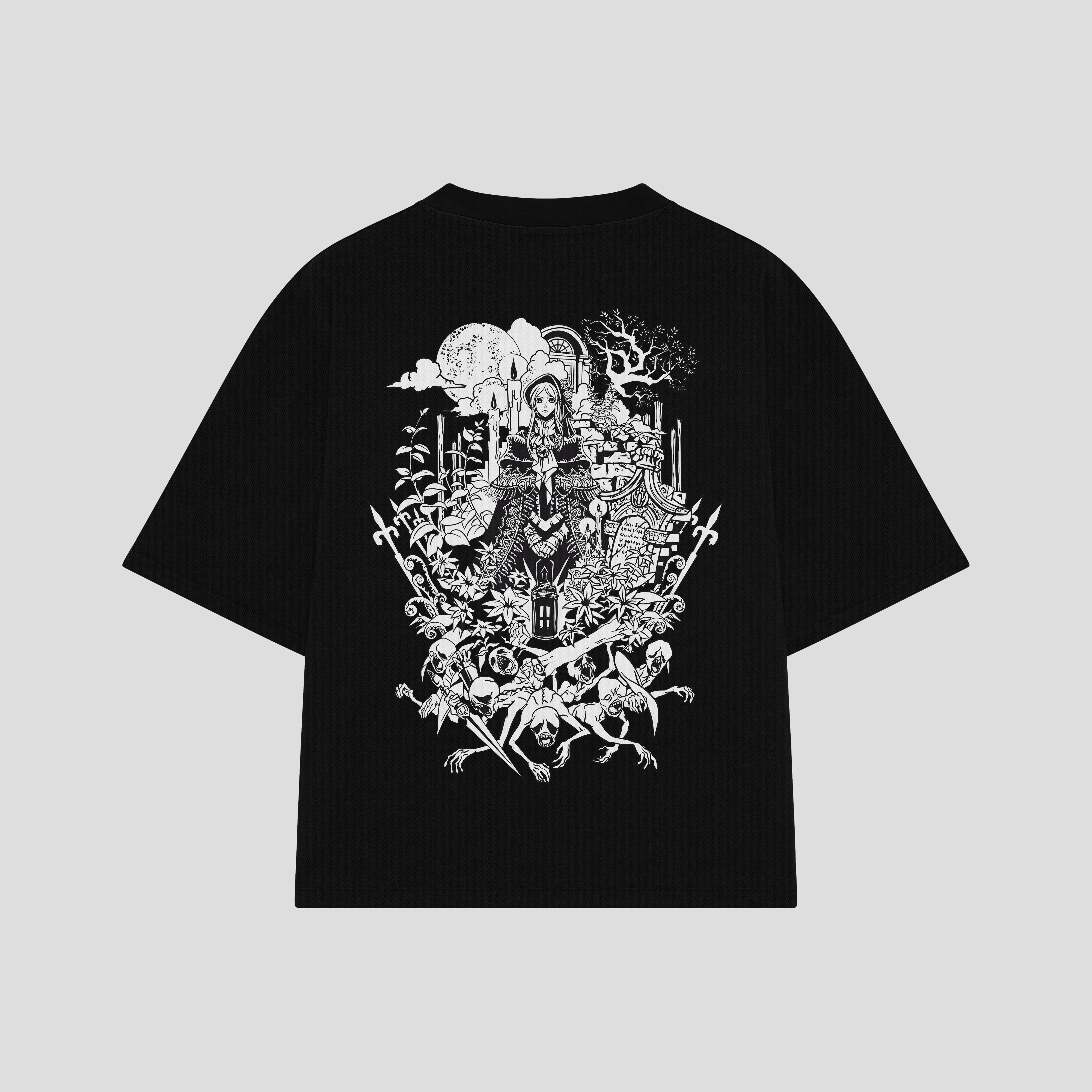Playera streetwear premium de anime y gaming ExtraLife MX, corte boxy oversized drop shoulder heavyweight en color Deep Black y Off-White, moda urbana mexicana de culto.