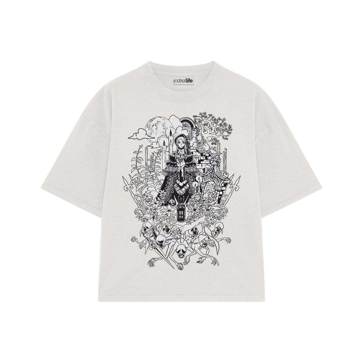 Playera streetwear premium de anime y gaming ExtraLife MX, corte oversized drop shoulder ligero y fresco en color Deep Black y Off-White, moda urbana mexicana de culto.