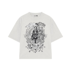 Playera streetwear premium de anime y gaming ExtraLife MX, corte boxy oversized drop shoulder heavyweight en color Deep Black y Off-White, moda urbana mexicana de culto.