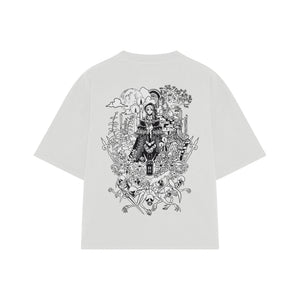 Playera streetwear premium de anime y gaming ExtraLife MX, corte boxy oversized drop shoulder heavyweight en color Deep Black y Off-White, moda urbana mexicana de culto.