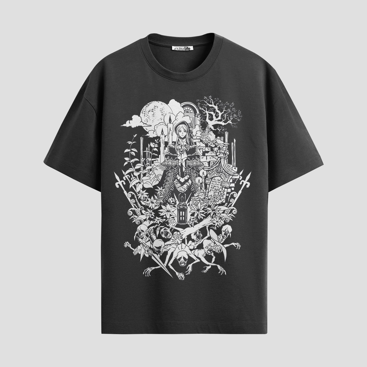 Playera urbana de anime y gaming ExtraLife MX, corte Classic Premium unisex ligero y transpirable en color Deep Black y Pure White, ropa de uso diario para gym y casual.