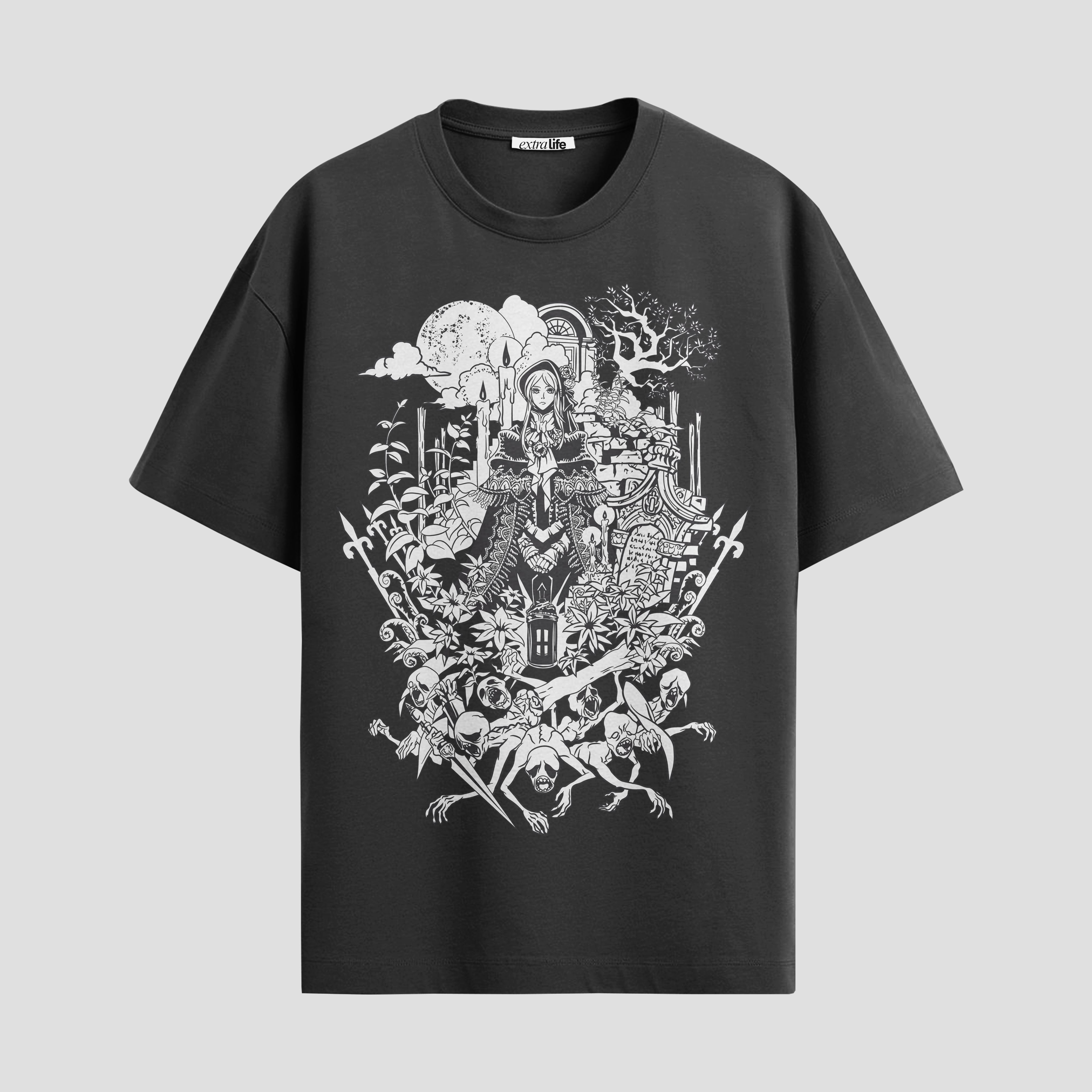 Playera urbana de anime y gaming ExtraLife MX, corte Standard Fit unisex ligero y transpirable en color Deep Black y Pure White, ropa de uso diario para gym y casual.
