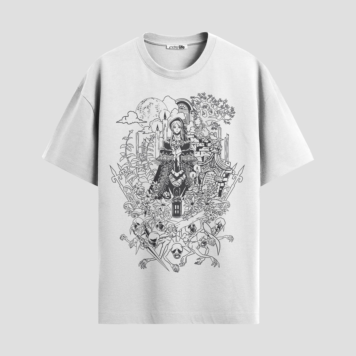 Playera urbana de anime y gaming ExtraLife MX, corte Classic Premium unisex ligero y transpirable en color Deep Black y Pure White, ropa de uso diario para gym y casual.