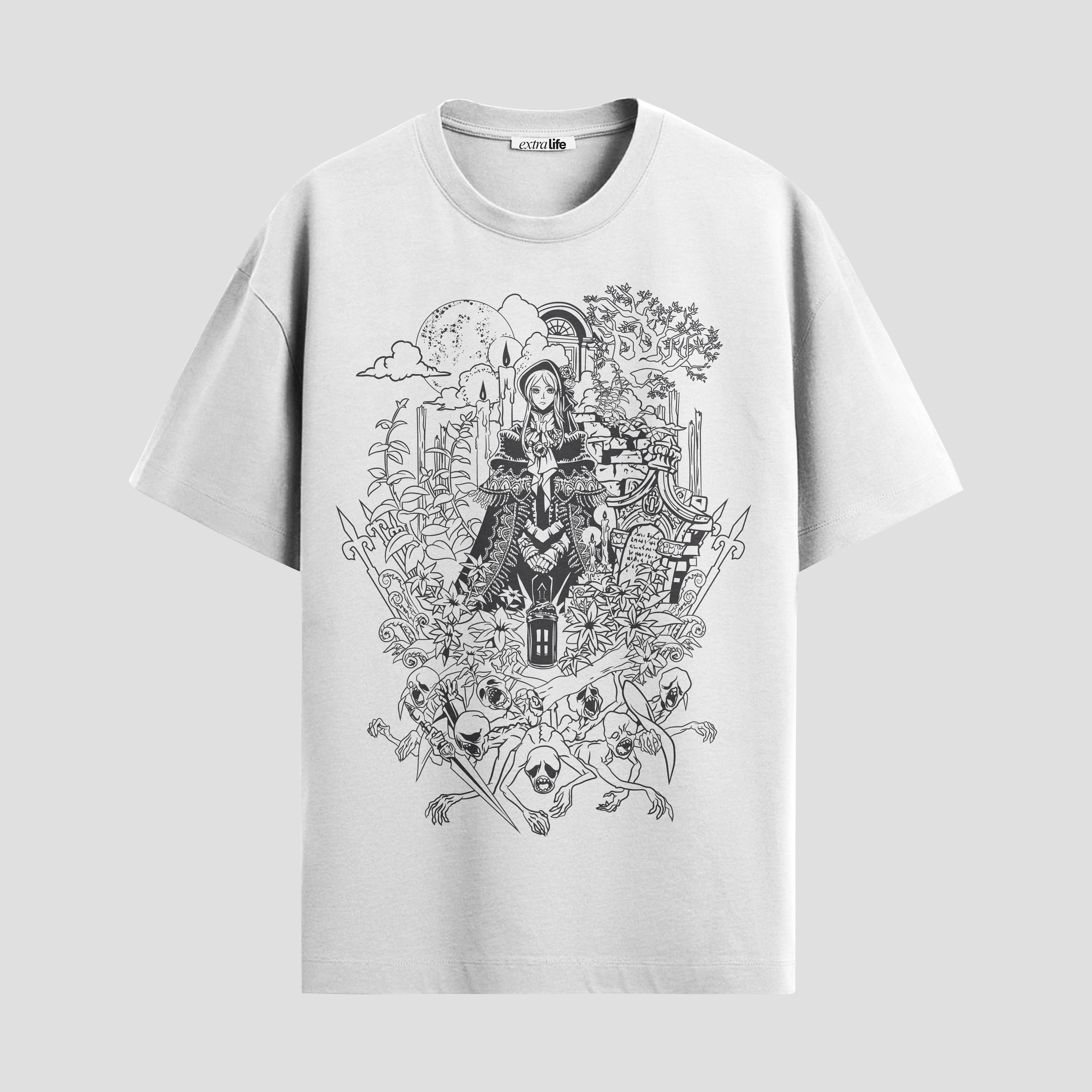 Playera urbana de anime y gaming ExtraLife MX, corte Standard Fit unisex ligero y transpirable en color Deep Black y Pure White, ropa de uso diario para gym y casual.