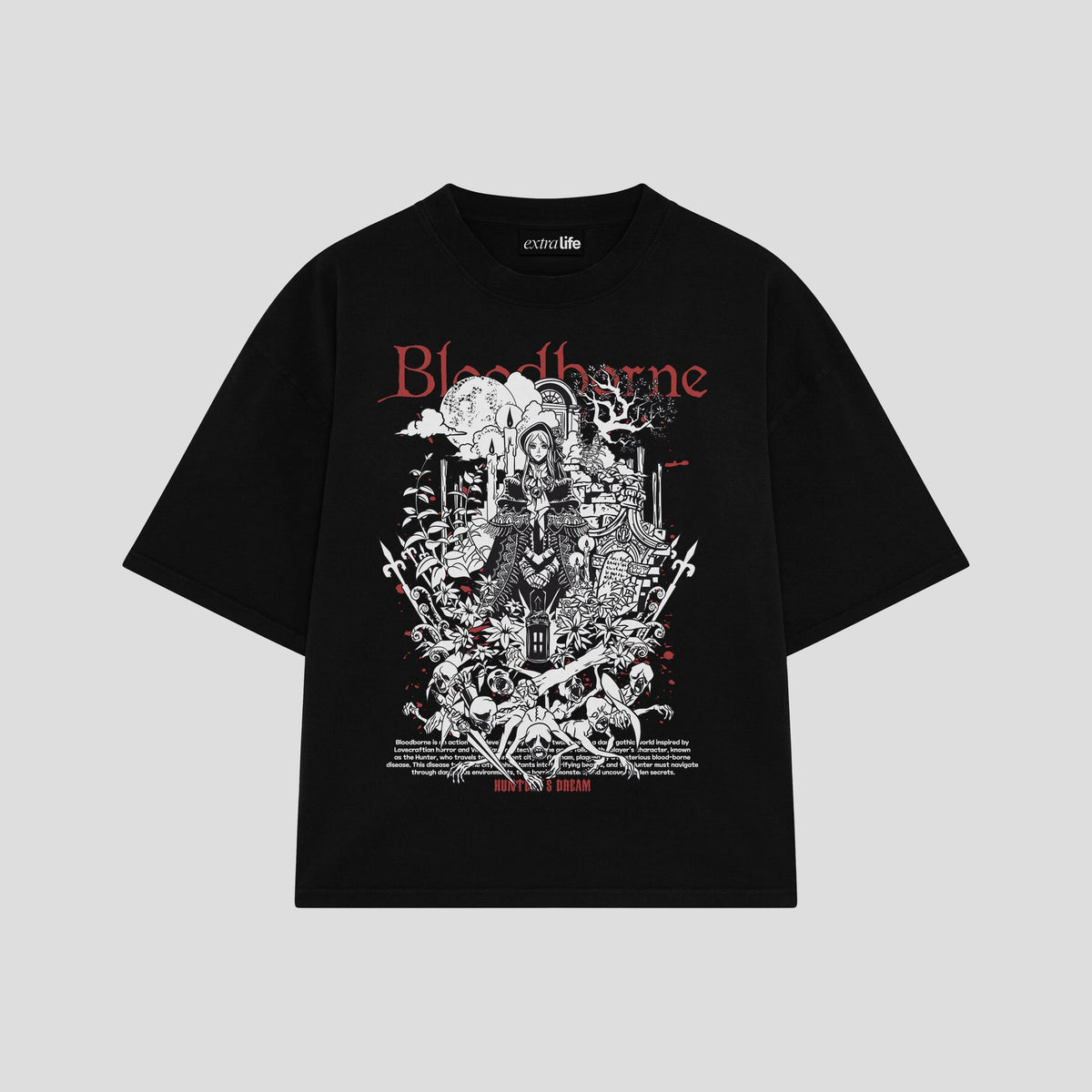 Playera streetwear premium de anime y gaming ExtraLife MX, corte oversized drop shoulder ligero y fresco en color Deep Black y Off-White, moda urbana mexicana de culto.