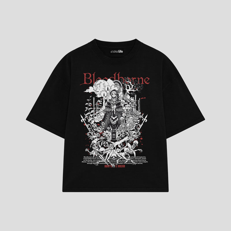 Playera streetwear premium de anime y gaming ExtraLife MX, corte boxy oversized drop shoulder heavyweight en color Deep Black y Off-White, moda urbana mexicana de culto.