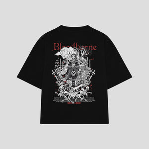 Playera streetwear premium de anime y gaming ExtraLife MX, corte boxy oversized drop shoulder heavyweight en color Deep Black y Off-White, moda urbana mexicana de culto.