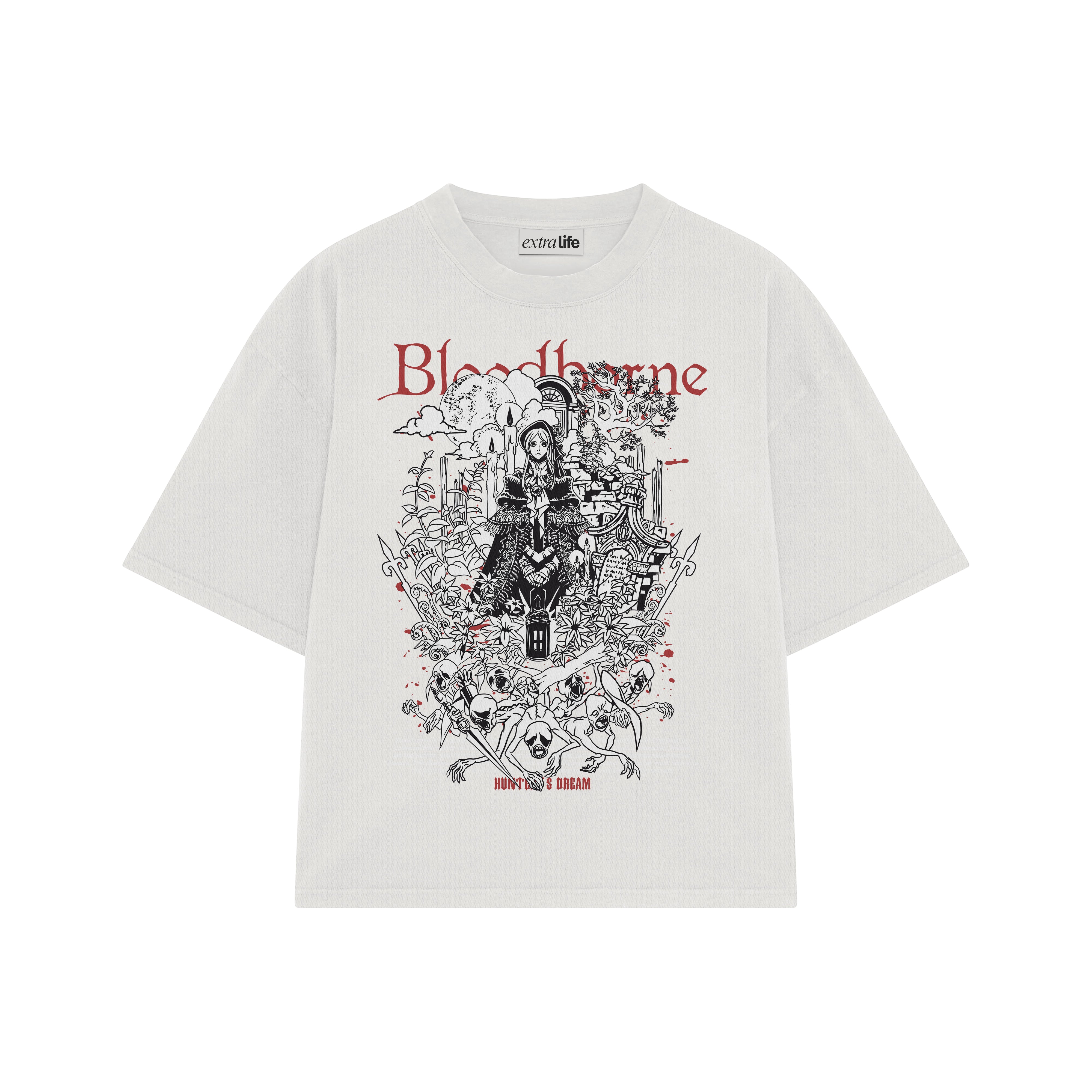 Playera streetwear premium de anime y gaming ExtraLife MX, corte boxy oversized drop shoulder heavyweight en color Deep Black y Off-White, moda urbana mexicana de culto.