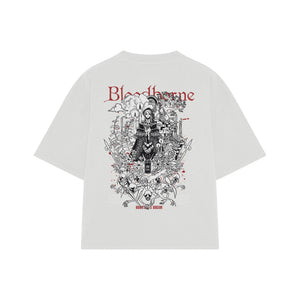 Playera streetwear premium de anime y gaming ExtraLife MX, corte boxy oversized drop shoulder heavyweight en color Deep Black y Off-White, moda urbana mexicana de culto.
