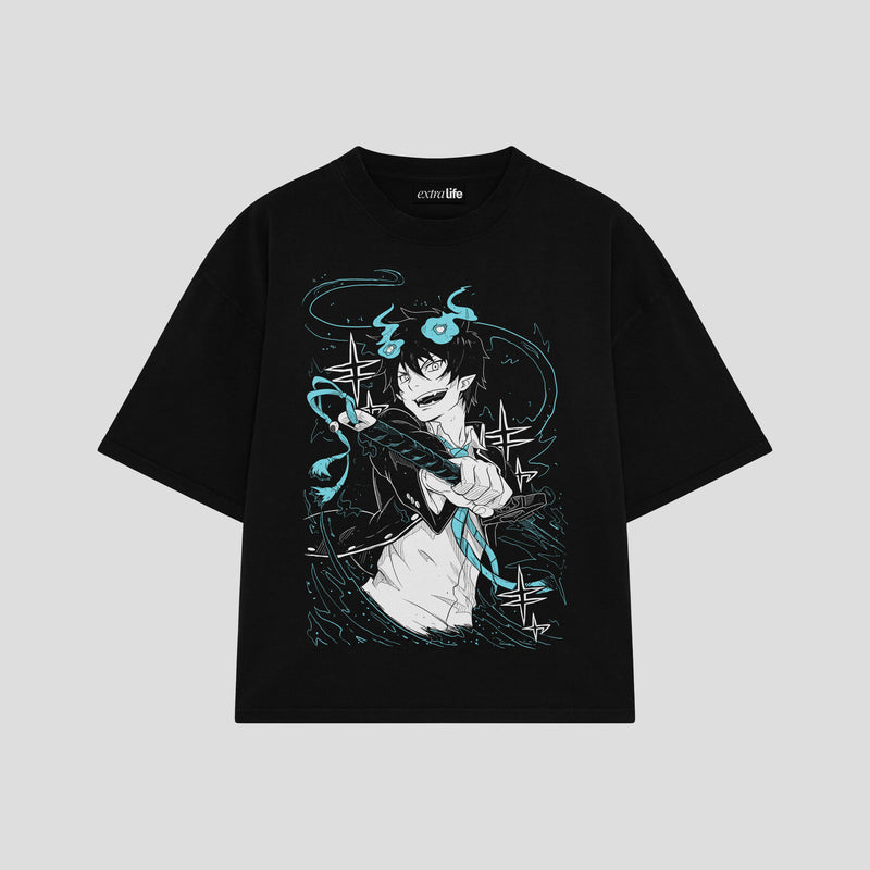 Playera streetwear premium de anime y gaming ExtraLife MX, corte boxy oversized drop shoulder heavyweight en color Deep Black y Off-White, moda urbana mexicana de culto.