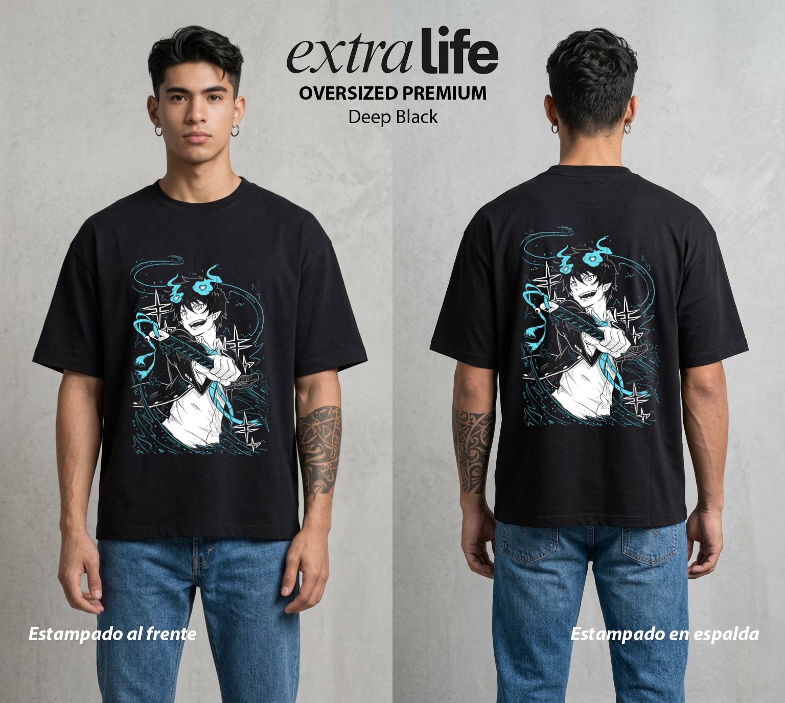 El Hijo del Diablo | Blue Exorcist Rin #00302 - Playera Oversized Premium | Deep Black - Foto en modelo