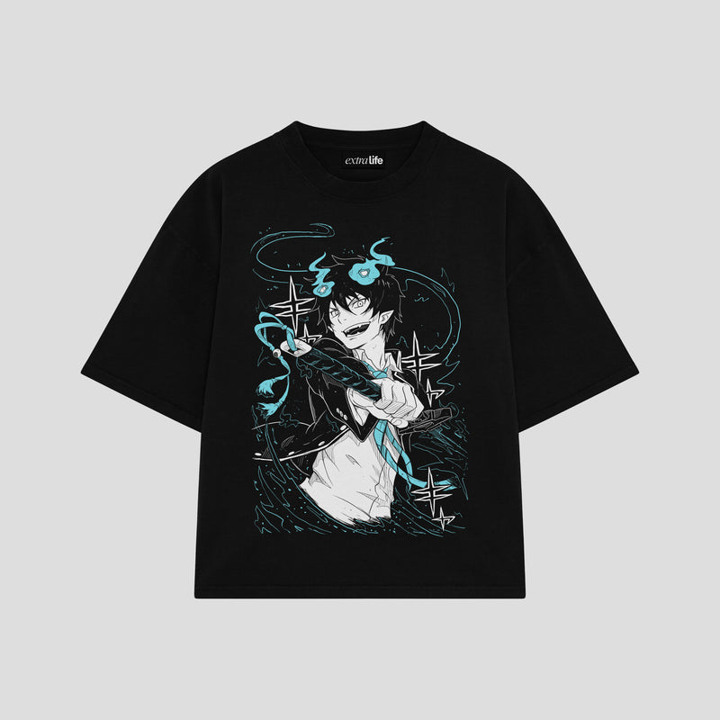 Playera streetwear premium de anime y gaming ExtraLife MX, corte boxy oversized drop shoulder heavyweight en color Deep Black y Off-White, moda urbana mexicana de culto.