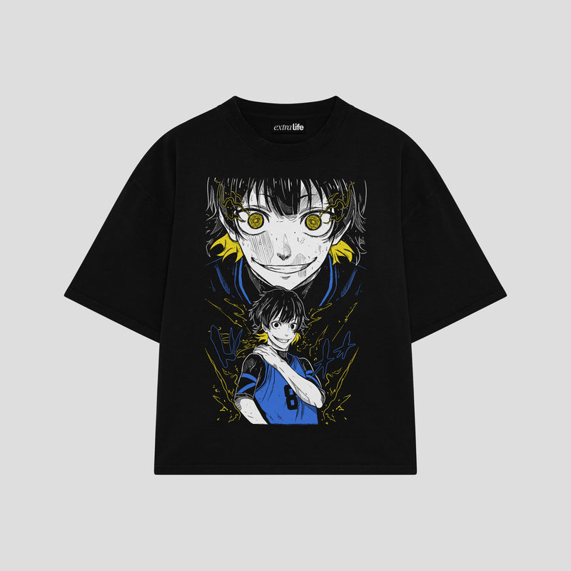 Playera streetwear premium de anime y gaming ExtraLife MX, corte boxy oversized drop shoulder heavyweight en color Deep Black y Off-White, moda urbana mexicana de culto.