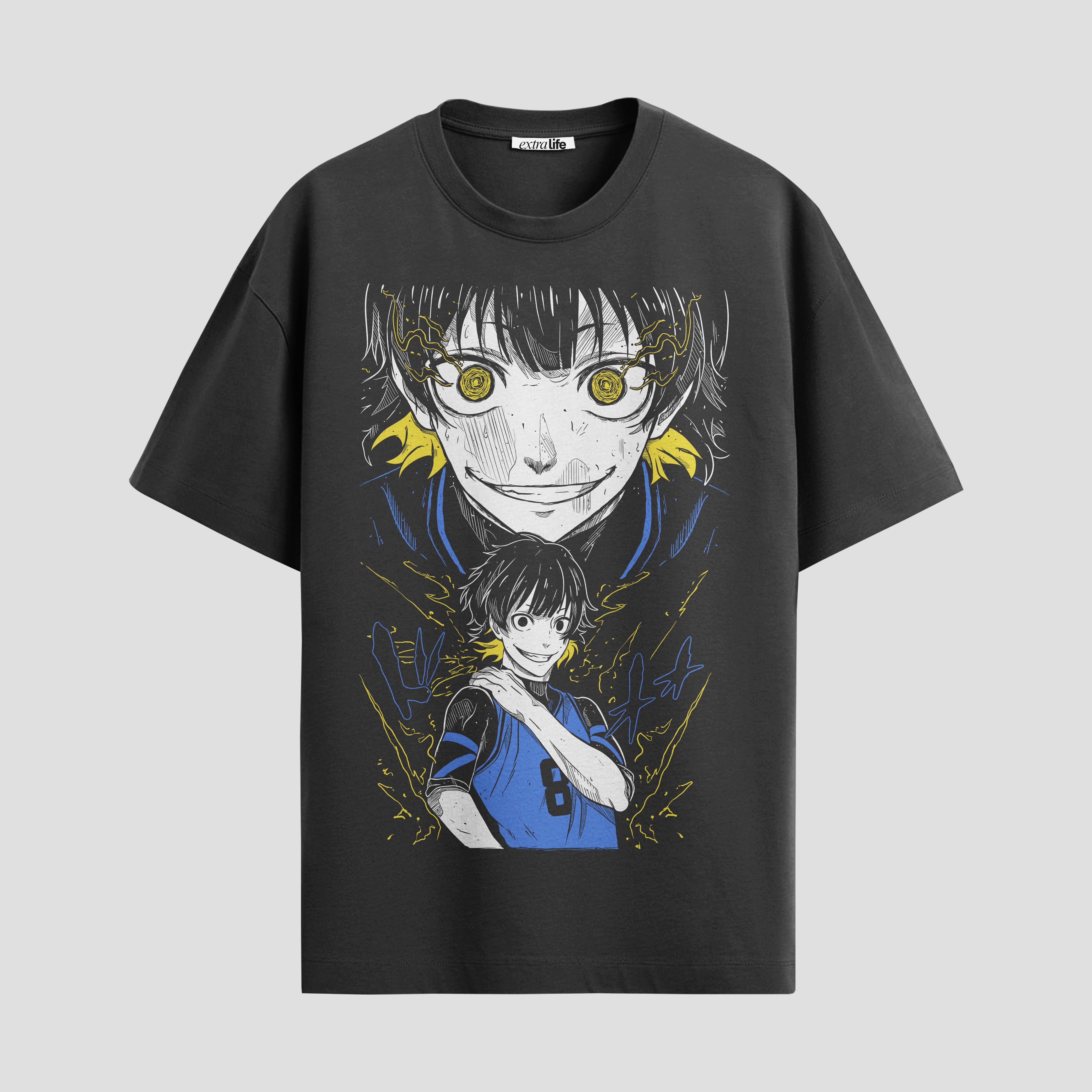 Playera urbana de anime y gaming ExtraLife MX, corte Standard Fit unisex ligero y transpirable en color Deep Black y Pure White, ropa de uso diario para gym y casual.
