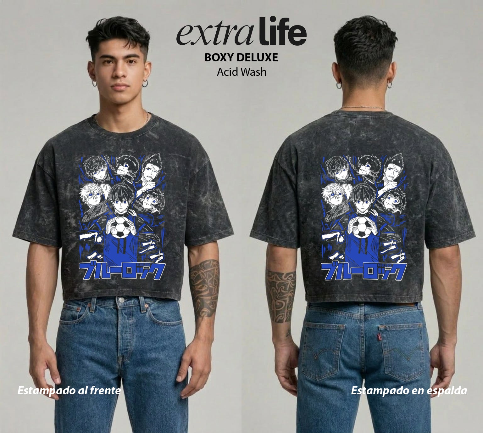 Playera streetwear premium de anime y gaming ExtraLife MX, corte boxy deluxe mineral wash heavyweight en color Acid Wash, moda urbana mexicana de culto.