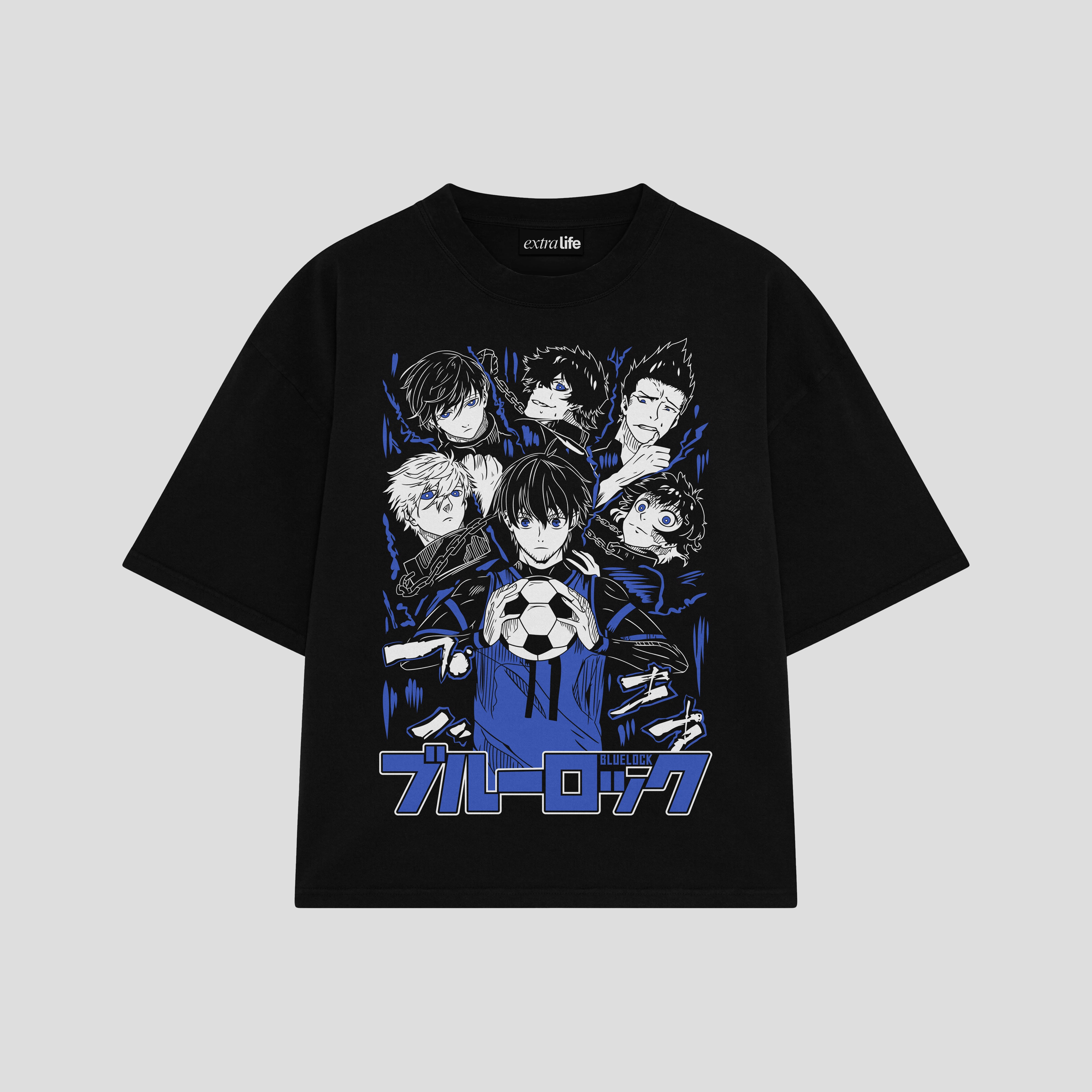 Playera streetwear premium de anime y gaming ExtraLife MX, corte boxy oversized drop shoulder heavyweight en color Deep Black y Off-White, moda urbana mexicana de culto.