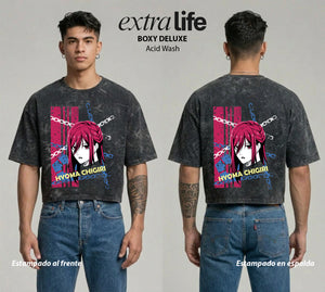 Playera streetwear premium de anime y gaming ExtraLife MX, corte boxy deluxe mineral wash heavyweight en color Acid Wash, moda urbana mexicana de culto.