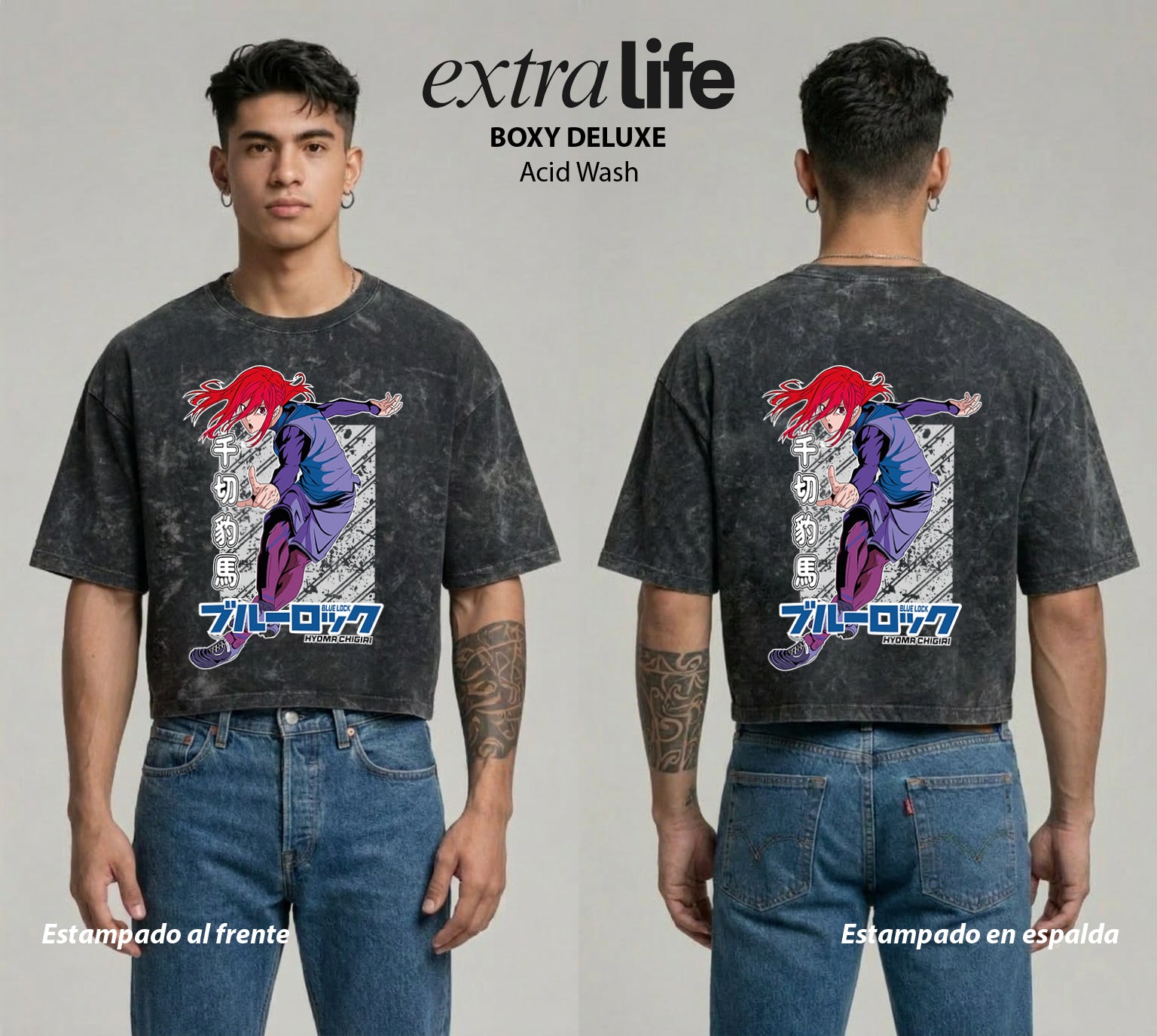 Playera streetwear premium de anime y gaming ExtraLife MX, corte boxy deluxe mineral wash heavyweight en color Acid Wash, moda urbana mexicana de culto.