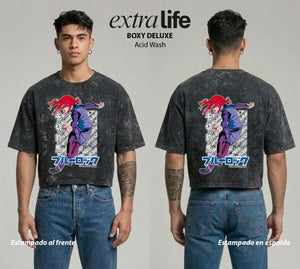 Playera streetwear premium de anime y gaming ExtraLife MX, corte boxy deluxe mineral wash heavyweight en color Acid Wash, moda urbana mexicana de culto.