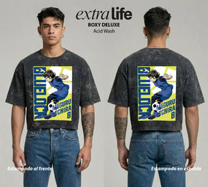 Playera streetwear premium de anime y gaming ExtraLife MX, corte boxy deluxe mineral wash heavyweight en color Acid Wash, moda urbana mexicana de culto.