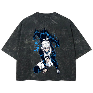 Playera streetwear premium de anime y gaming ExtraLife MX, corte boxy deluxe mineral wash heavyweight en color Acid Wash, moda urbana mexicana de culto.