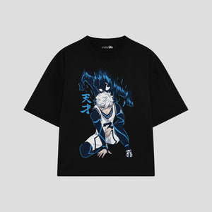 Playera streetwear premium de anime y gaming ExtraLife MX, corte boxy oversized drop shoulder heavyweight en color Deep Black y Off-White, moda urbana mexicana de culto.