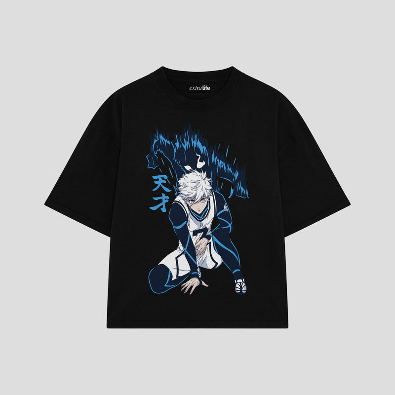 Playera streetwear premium de anime y gaming ExtraLife MX, corte boxy oversized drop shoulder heavyweight en color Deep Black y Off-White, moda urbana mexicana de culto.