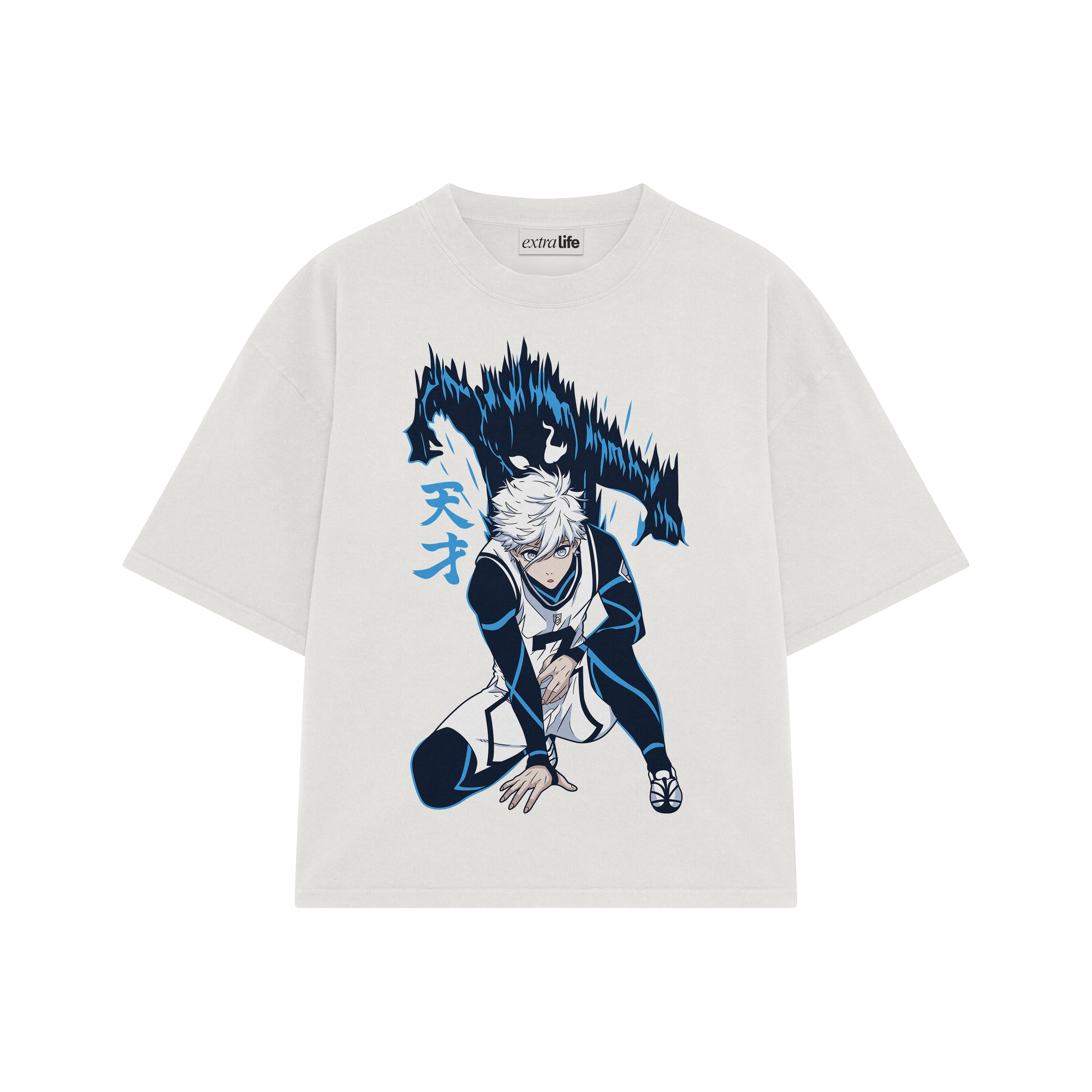 Playera streetwear premium de anime y gaming ExtraLife MX, corte boxy oversized drop shoulder heavyweight en color Deep Black y Off-White, moda urbana mexicana de culto.