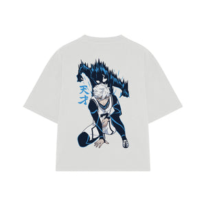 Playera streetwear premium de anime y gaming ExtraLife MX, corte boxy oversized drop shoulder heavyweight en color Deep Black y Off-White, moda urbana mexicana de culto.