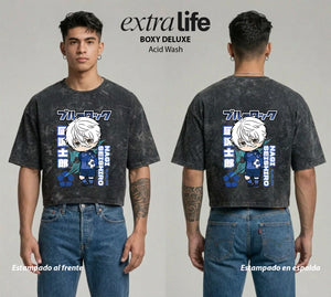 Playera streetwear premium de anime y gaming ExtraLife MX, corte boxy deluxe mineral wash heavyweight en color Acid Wash, moda urbana mexicana de culto.