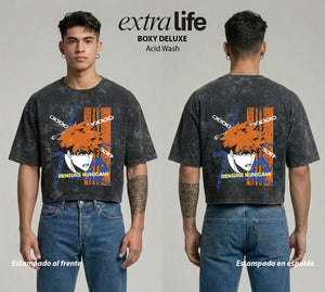 Playera streetwear premium de anime y gaming ExtraLife MX, corte boxy deluxe mineral wash heavyweight en color Acid Wash, moda urbana mexicana de culto.