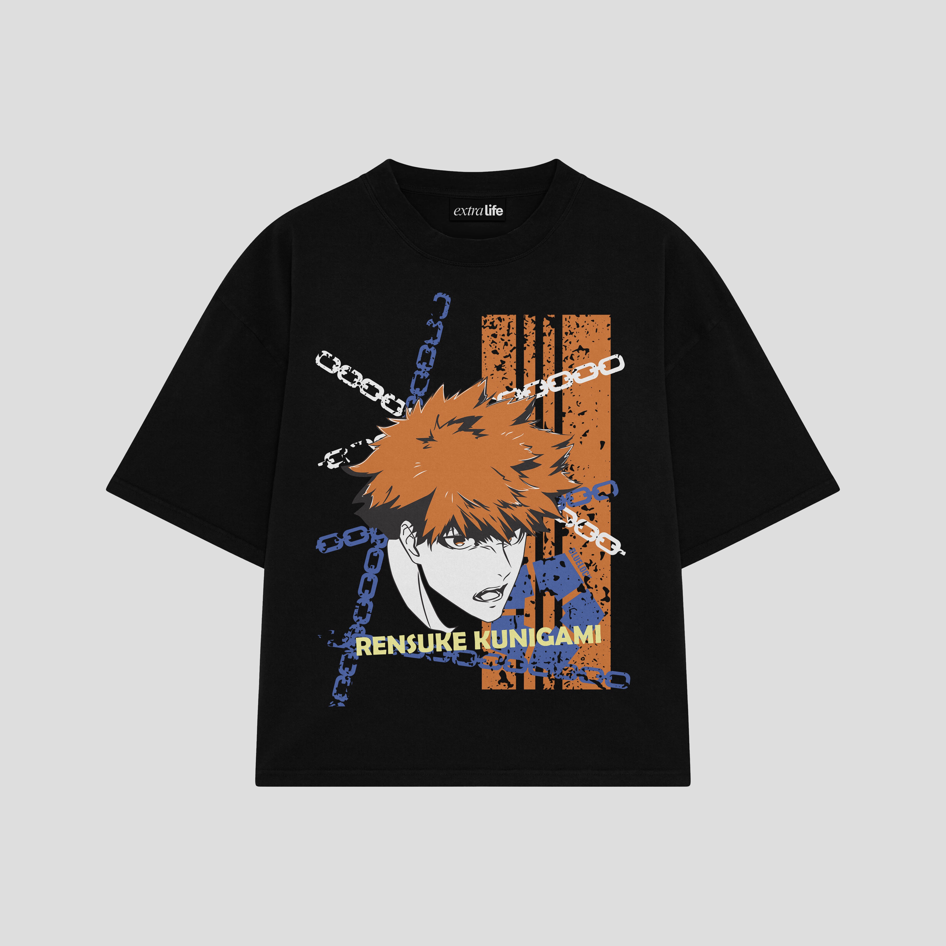Playera streetwear premium de anime y gaming ExtraLife MX, corte boxy oversized drop shoulder heavyweight en color Deep Black y Off-White, moda urbana mexicana de culto.