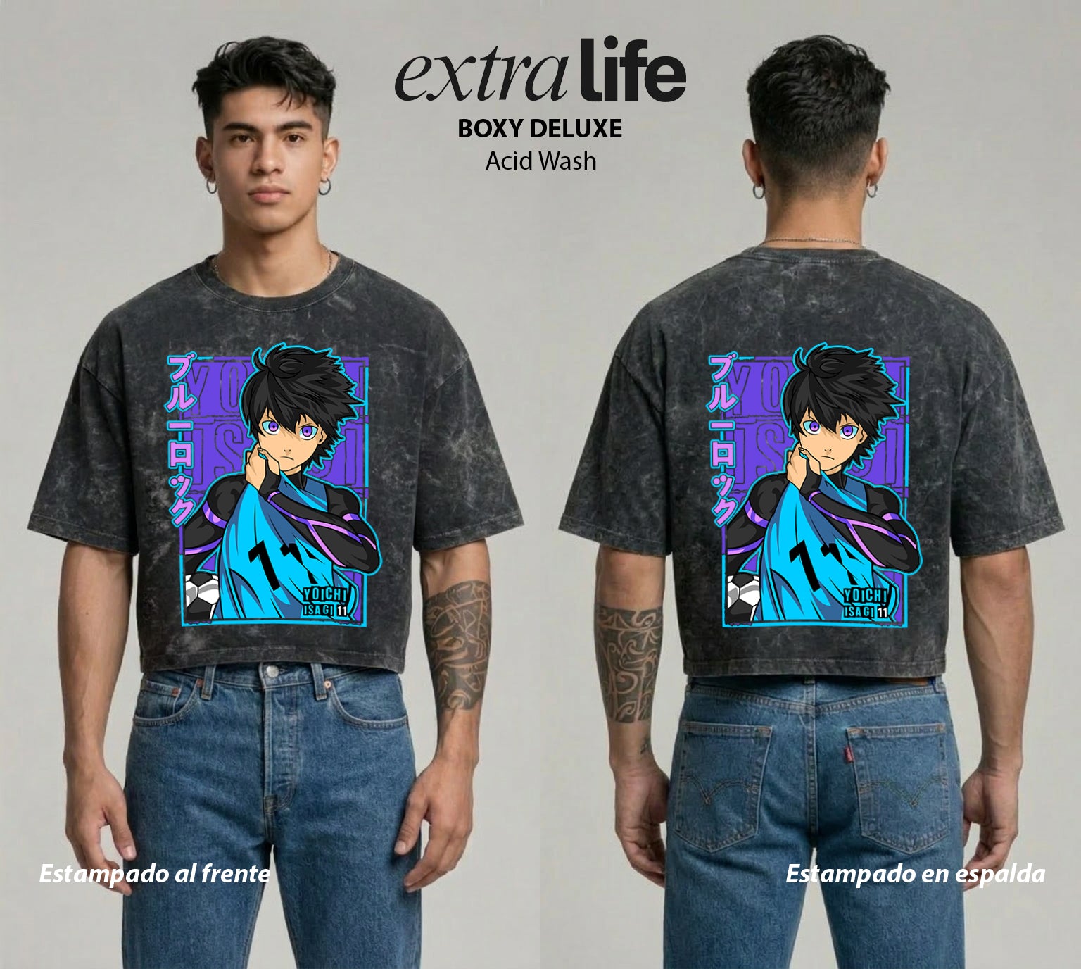 Playera streetwear premium de anime y gaming ExtraLife MX, corte boxy deluxe mineral wash heavyweight en color Acid Wash, moda urbana mexicana de culto.
